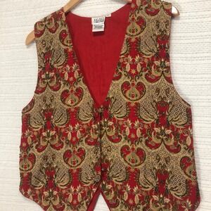 Halsey Collection Paisley Vest Tapestry Sleeveless Jacket Party Red Gold‎ L